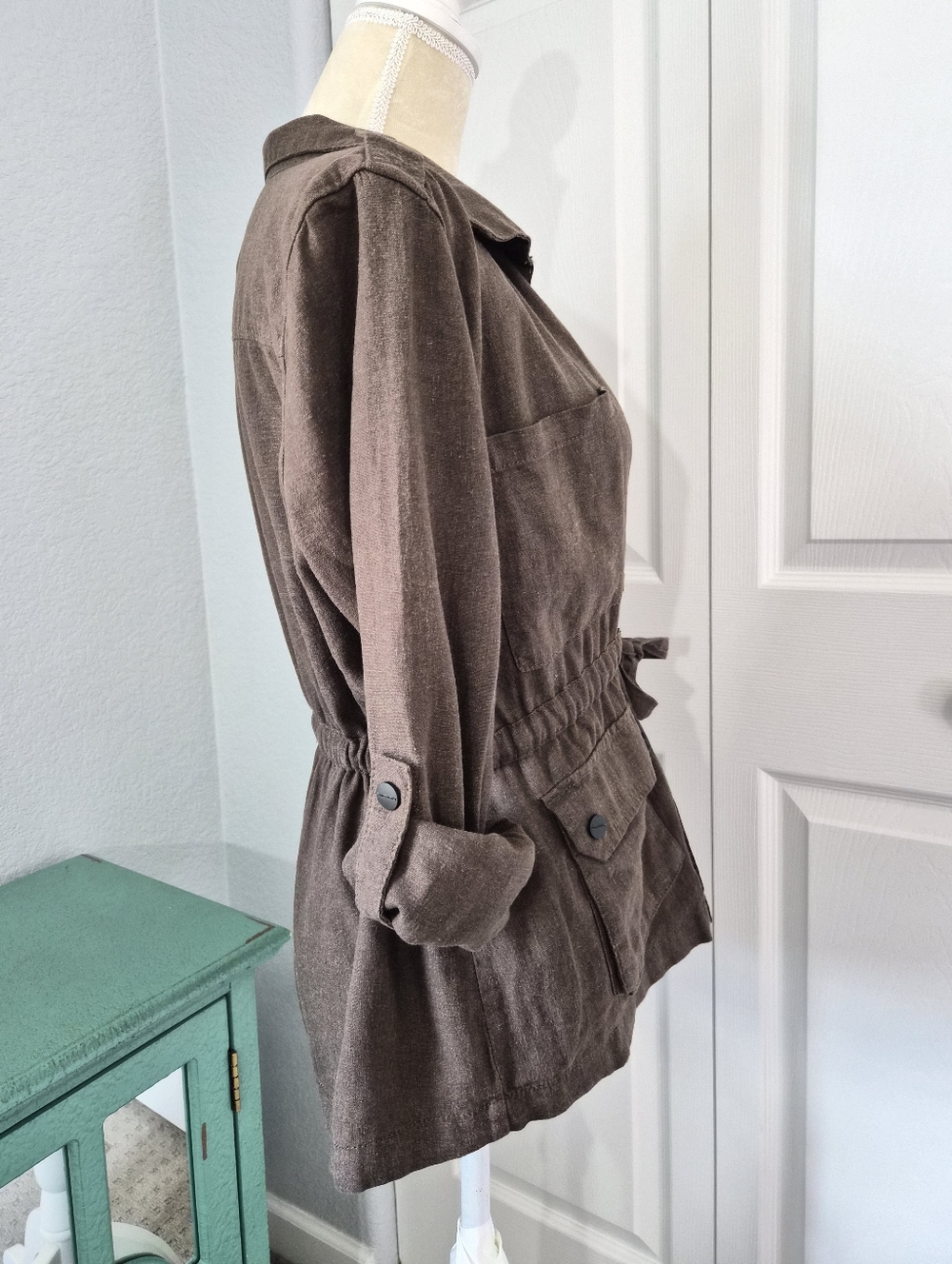 Sanctuary Olive Green Linen Blend Utility Jacket Tie Waist Size Small - Picture 5 of 13